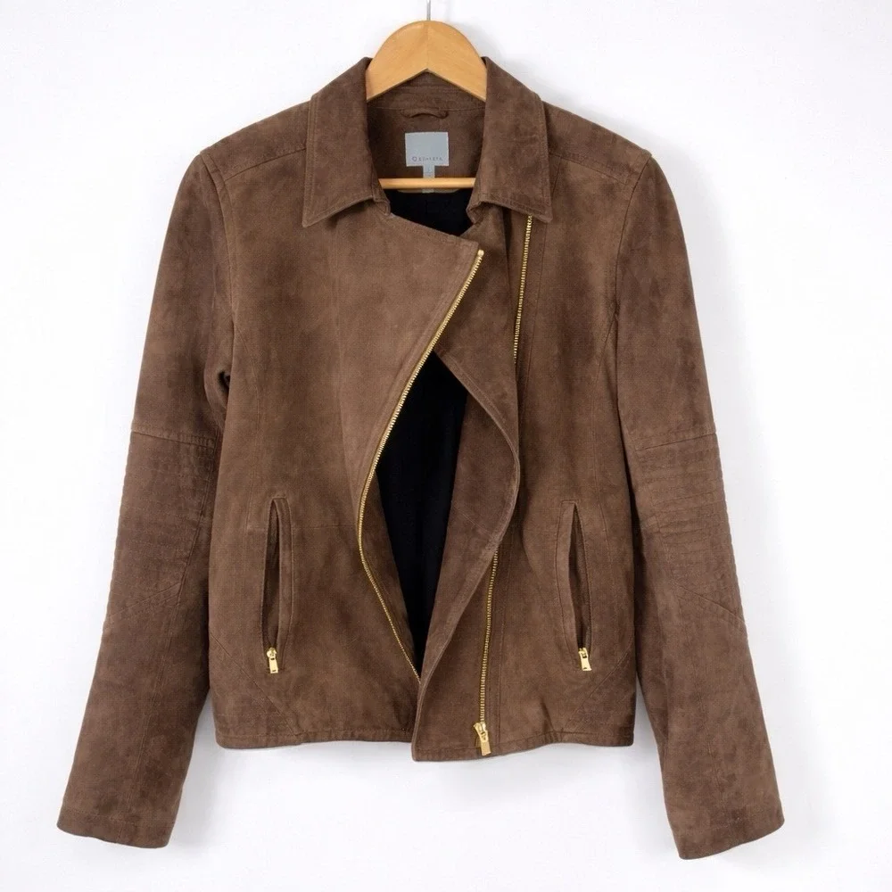 Athleta Genuine Leather Moto Jacket Brown Asymmetrical Zip Size Large EUC - Picture 1 of 8